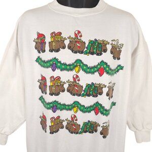 Vintage Christmas Sweatshirt Mens Size XL White 80s 90s Reindeer Tinsel